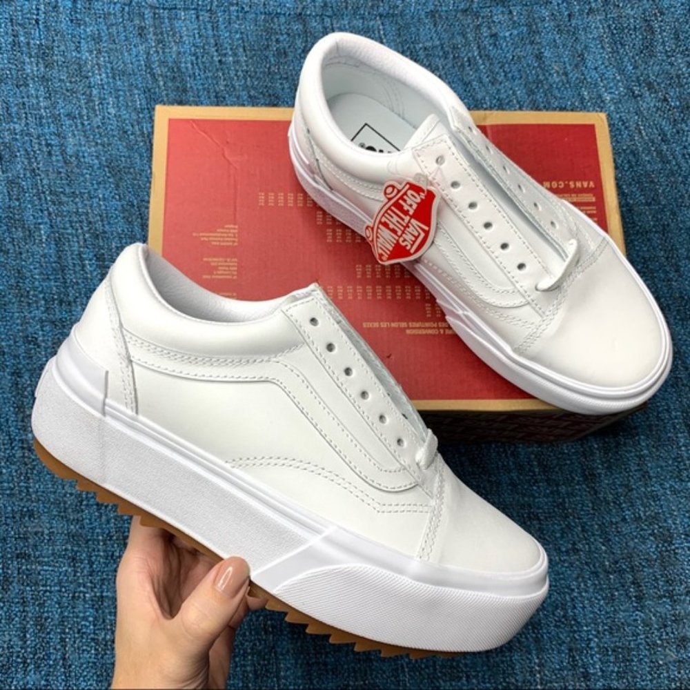 Vans Old Skool Stacked Platform Shoe Sneaker Leather White Mens 8.5 / Womens 10